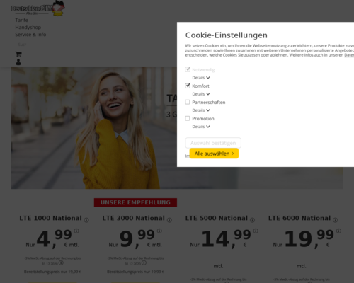 So sieht die Webseite von DeutschlandSIM aus