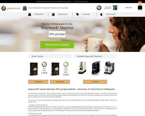 So sieht die Webseite von Gourmesso aus So sieht die Webseite von Gourmesso aus