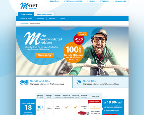So sieht die Webseite von M-net aus