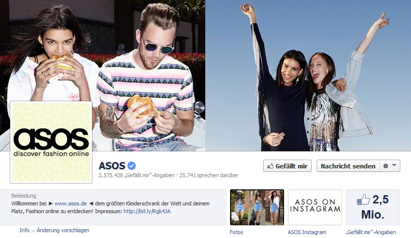 Die Facebook-Fanseite von ASOS mit über 2,5 Millionen Gefällt mir
