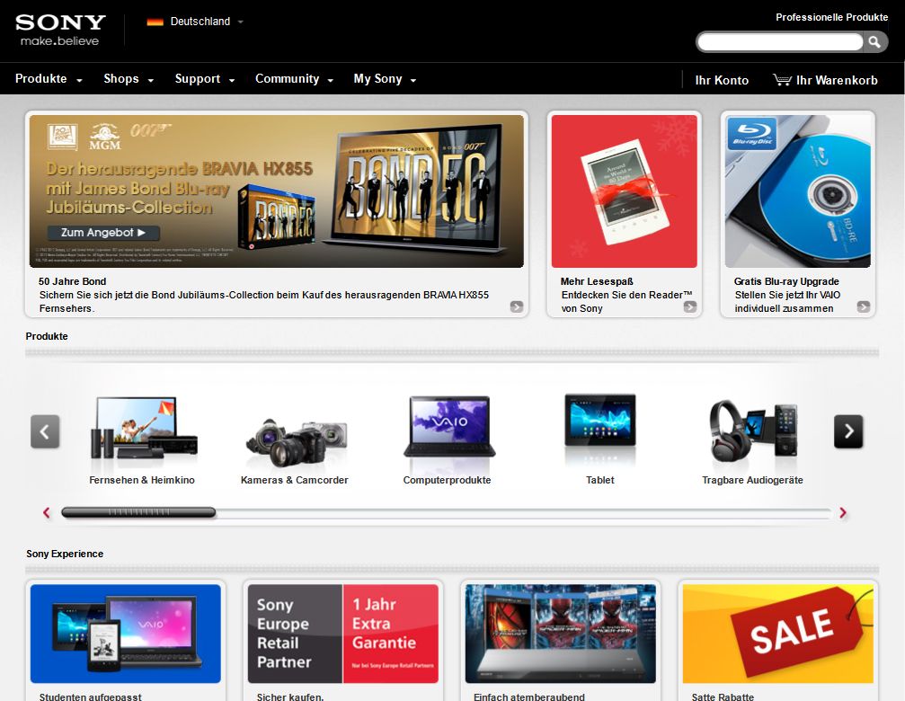 Die Webseite des Unterhaltungselektronik und Informationstechnik Giganten Sony