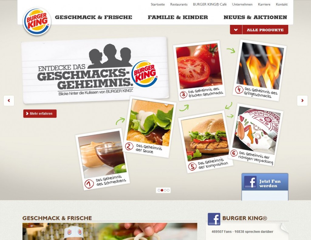 Die aktuelle Webseite von Burger King mit den Geheimnissen der Zutaten