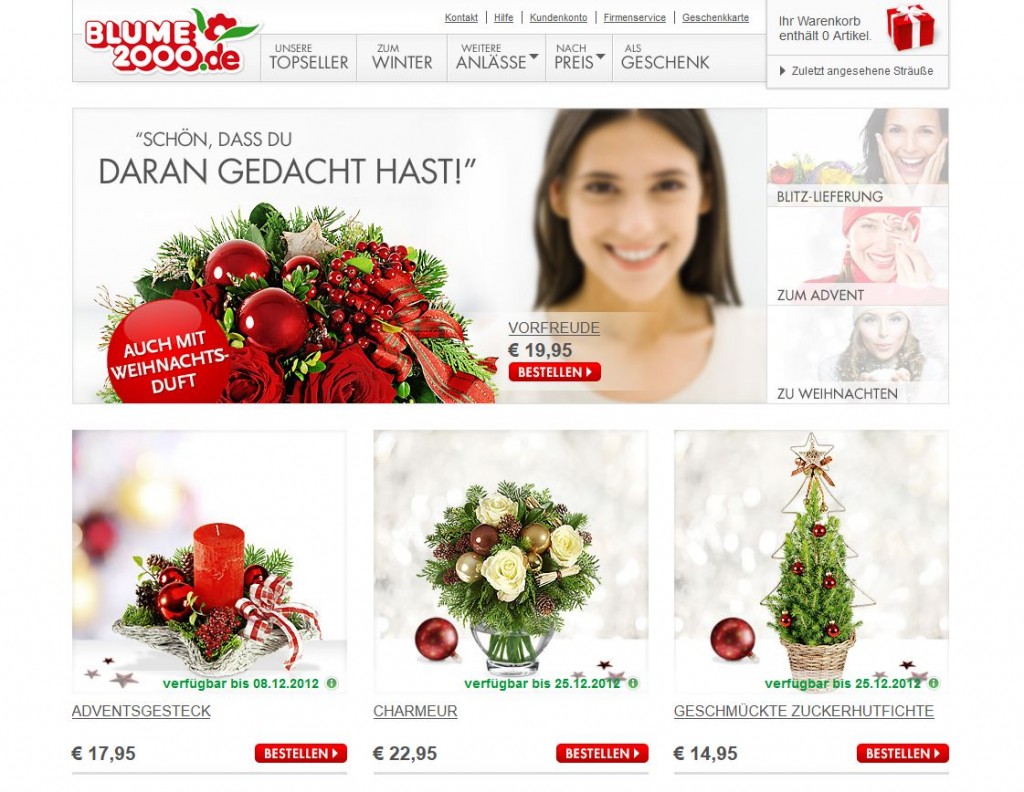Die Webseite von Blume2000 mit tollen Blumensträußen und Geschenkideen