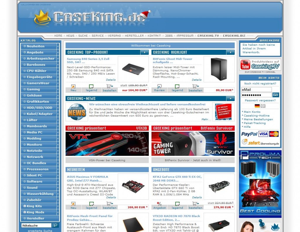 Die Webseite von Caseking mit insgesamt über 6000 Artikeln im Sortiment