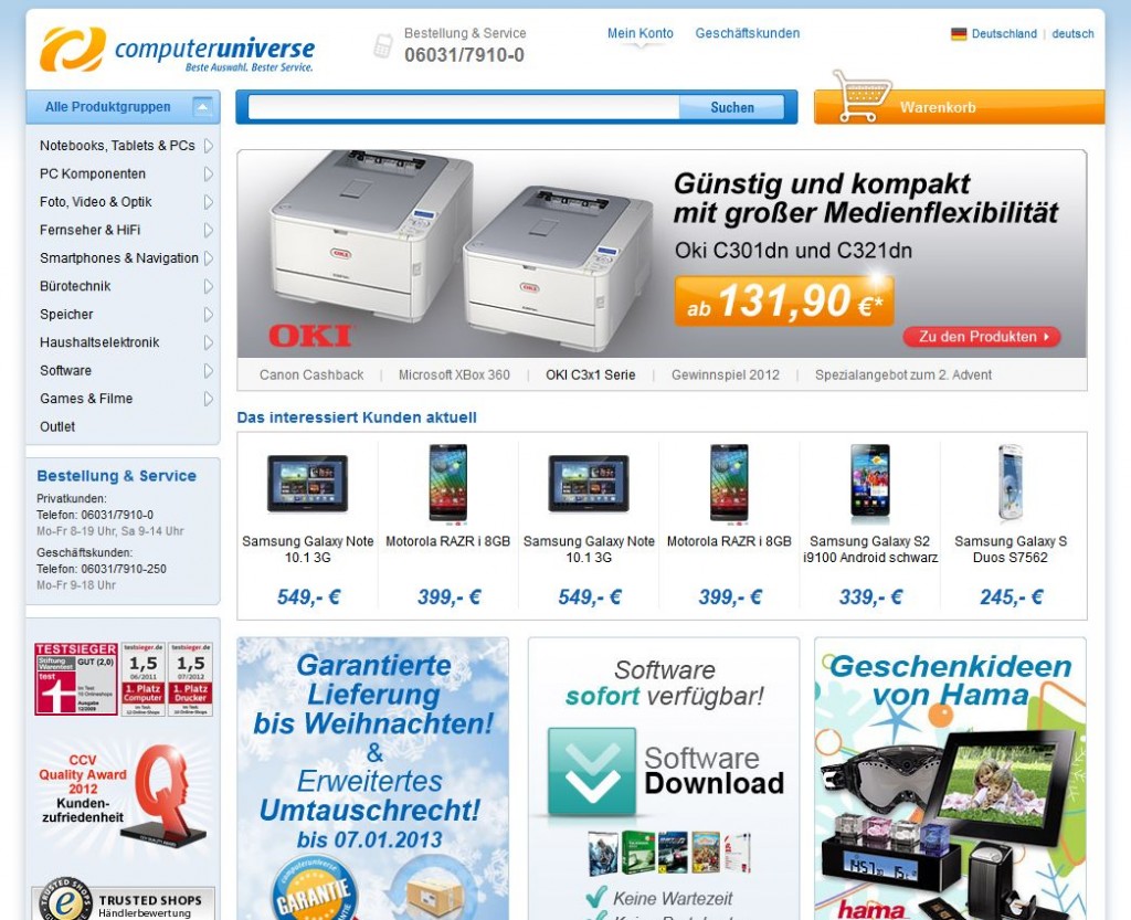 Die Webseite von Computeruniverse mit einem aktuellen Angebot für einen billigen Canon Drucker