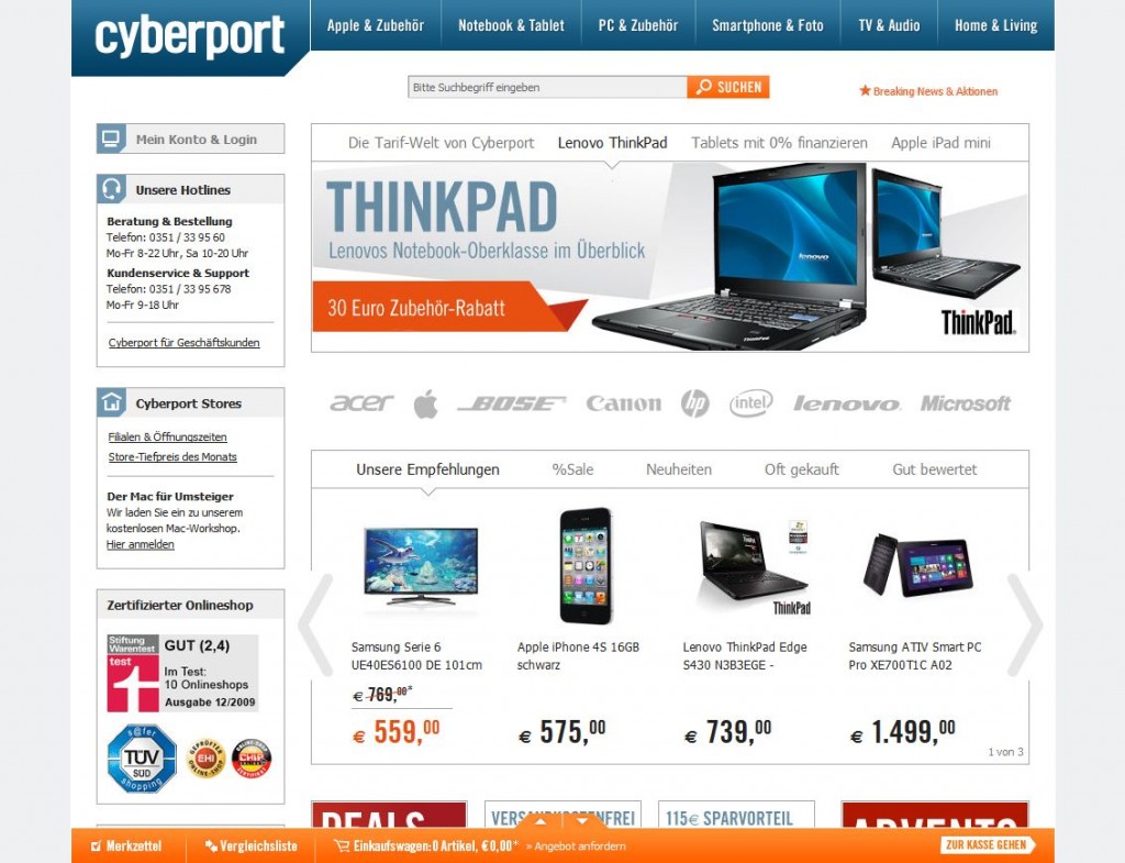 Der Online-Shop von Cyberport mit schlichtem aber übersichtlichem Design