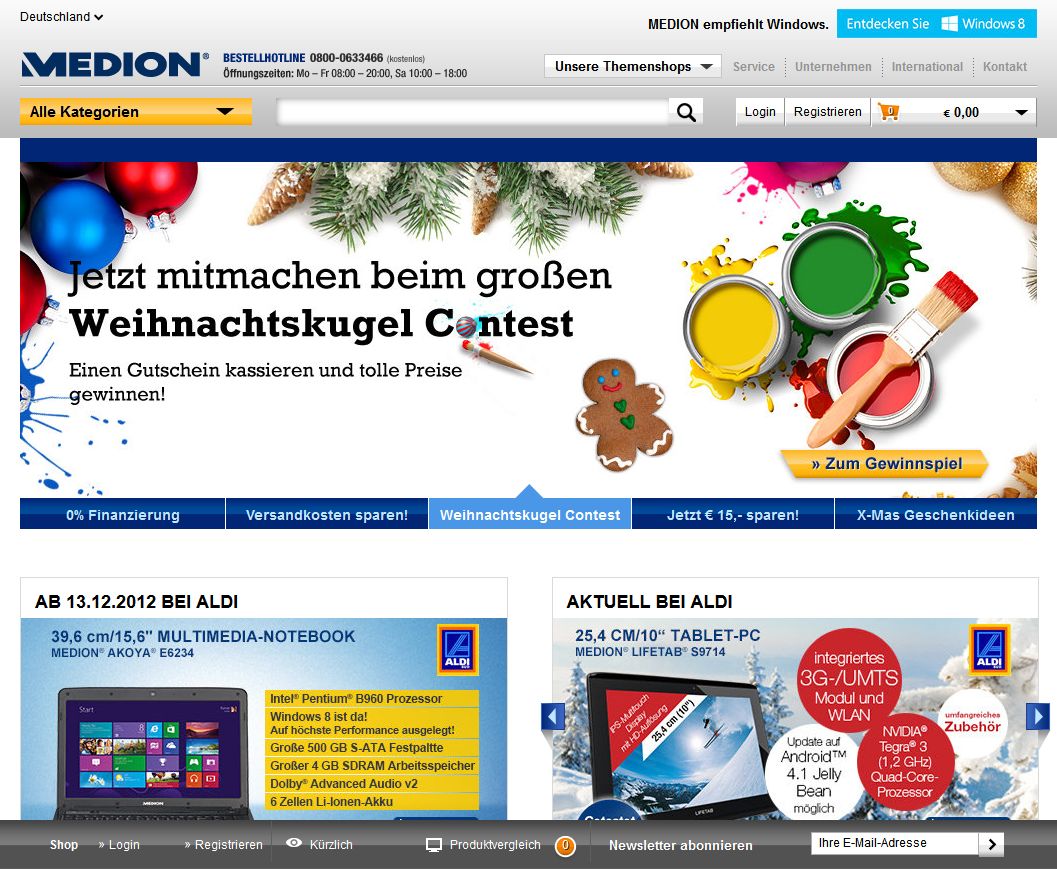 Die Medion Webseite mit einem umfangreichen Sortiment aus den Bereichen Elektronik und Computer