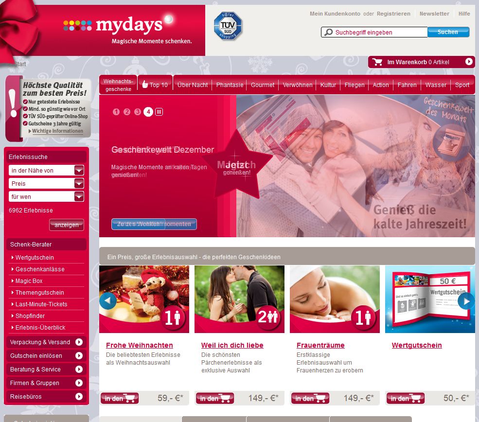 Mydays Webseite mit vielen tollen Erlebnissen, die verschenkt oder auch selbst genutzt werden können