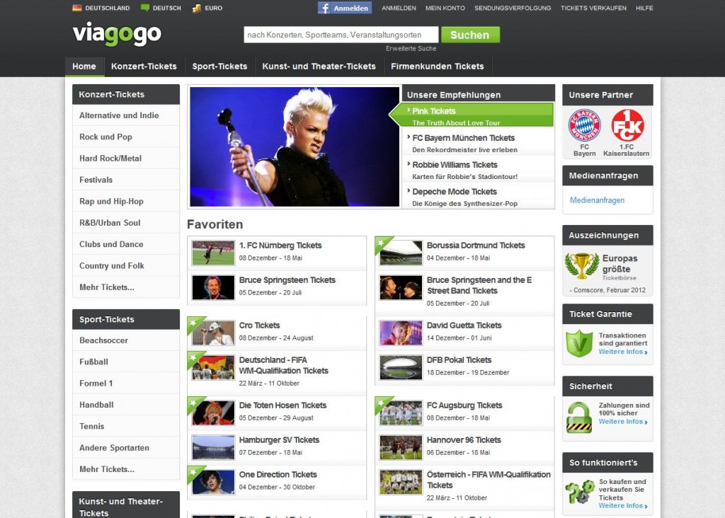 Die Webseite von viagogo mit vielen interessanten Ticket-Angeboten