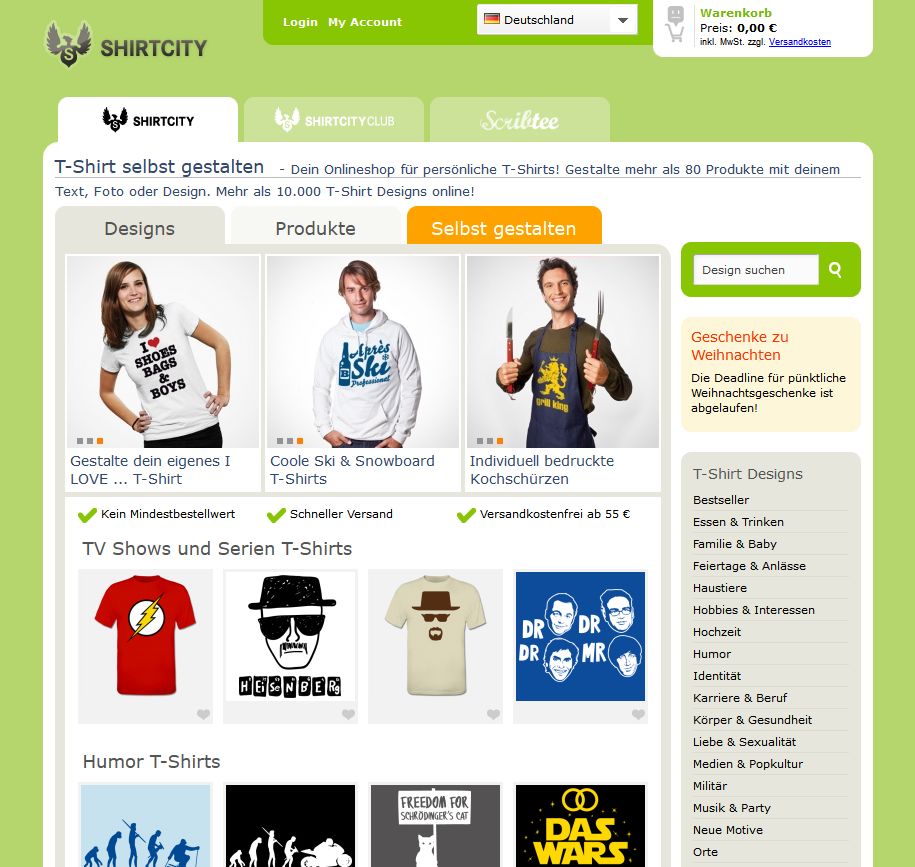 Die Internetseite von Shirtcity bietet die Möglichkeit sein eigenes T-Shirt zu gestalten und zu bestellen