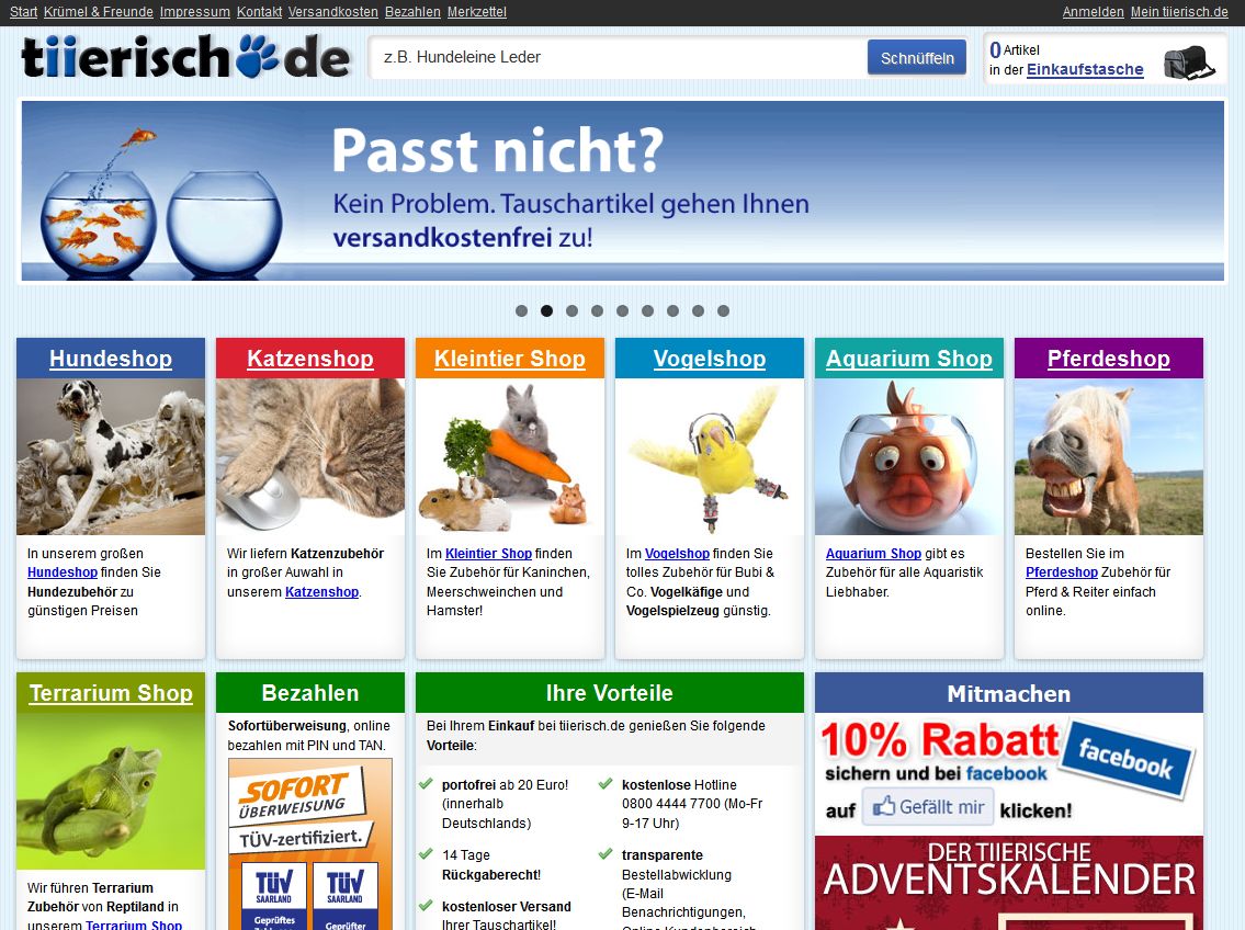 Die Webseite von tiierisch.de mit einem großen Sortiment an Produkten für den Hund