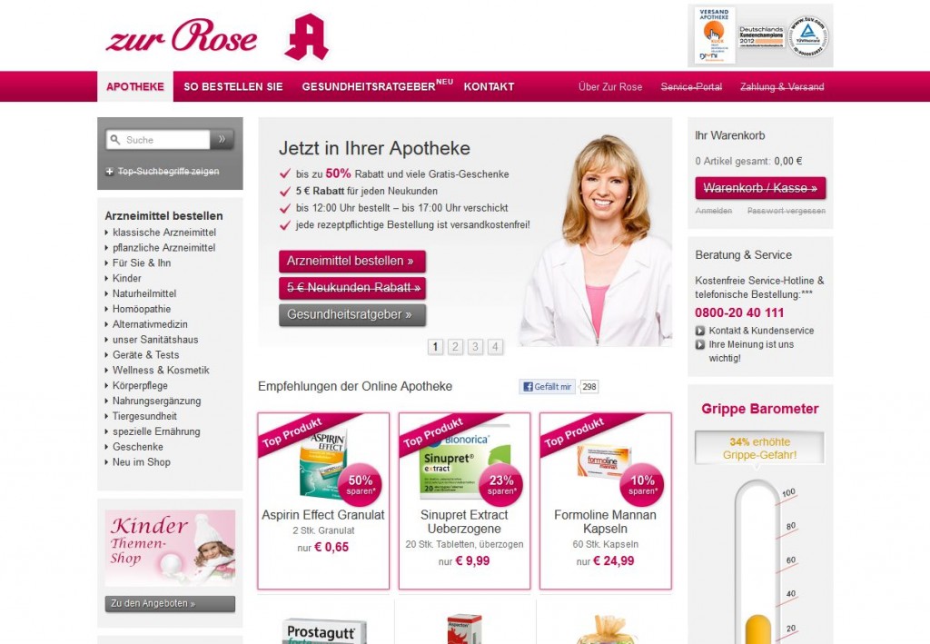 Der Internetauftritt mit integrierter Online Apotheke von zur Rose