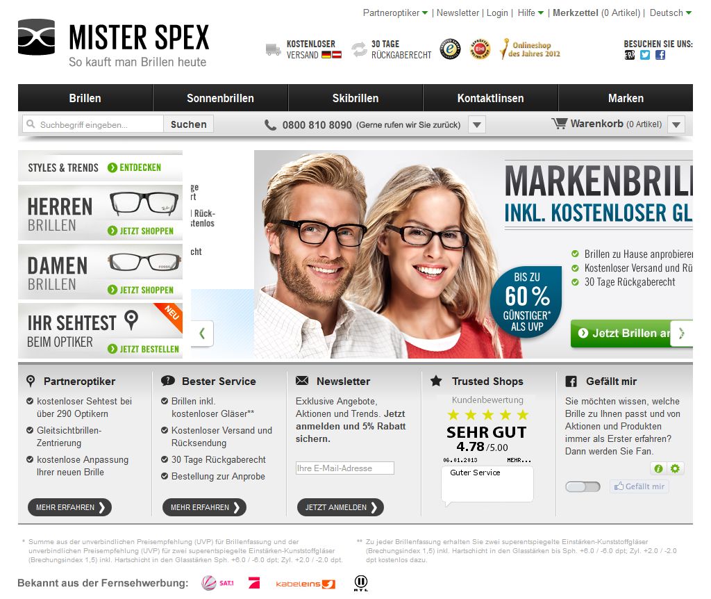 Die Webseite von Mister Spex bietet eine große Auswahl an Brillen und Kontaktlinsen