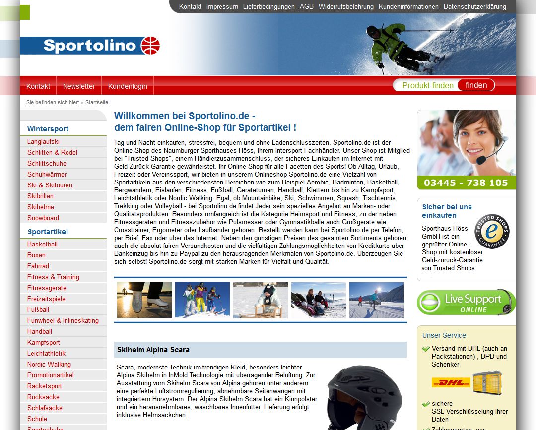 Die Sportolino Webseite bietet ein großes Sortiment an Sport-Artikeln der Firma Höss GmbH an