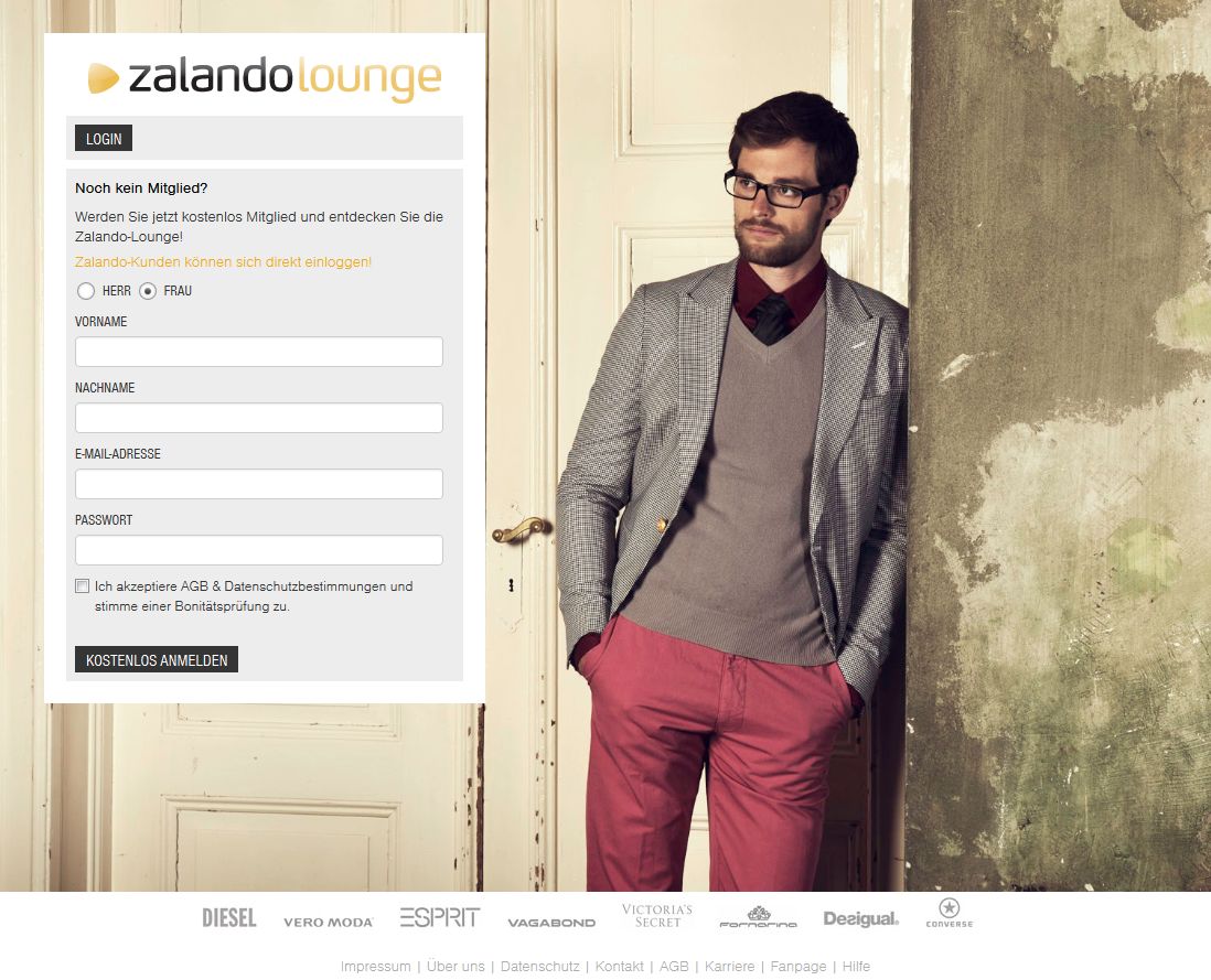 Die Startseite zur Registrierung beim Zalando Lounge Portal