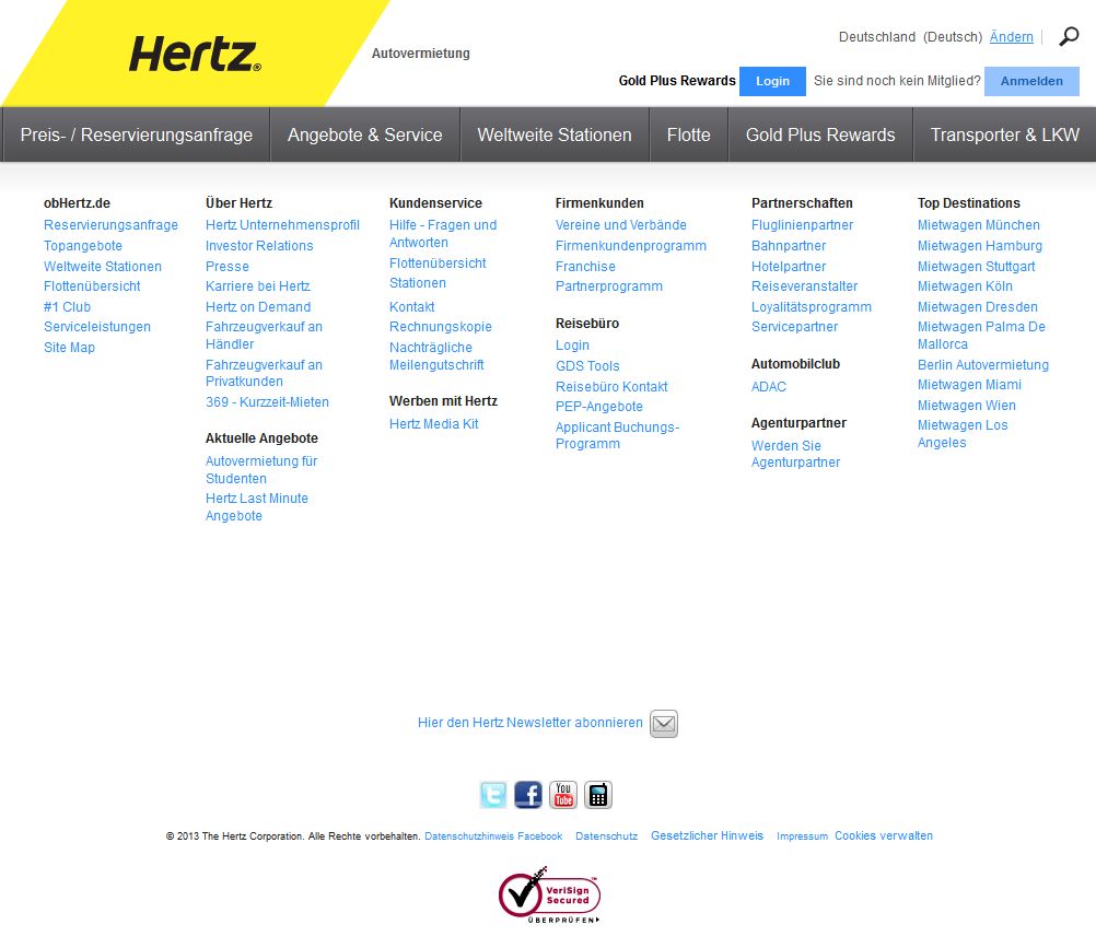 Die Webseite von Hertz bietet das komplette Mietwagen-Sortiment auch online an