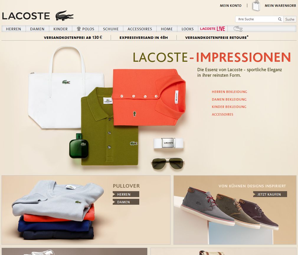 Die Webseite von Lacoste bietet die klassischen Lacoste Polohemden sowie weitere Mode für Damen, Herren und Kinder an