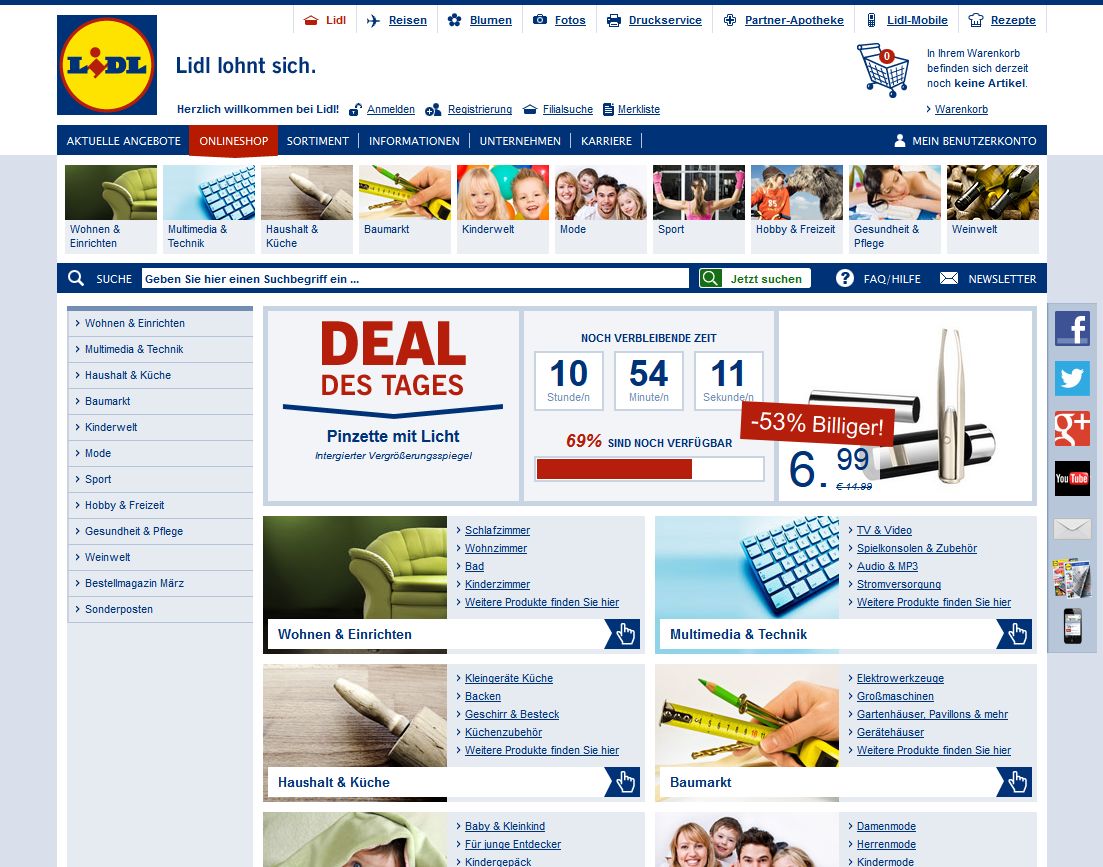 Der Lebensmitteldiscounter Lidl bietet ein großes Online Versandhaus als Online-Shop im Internet