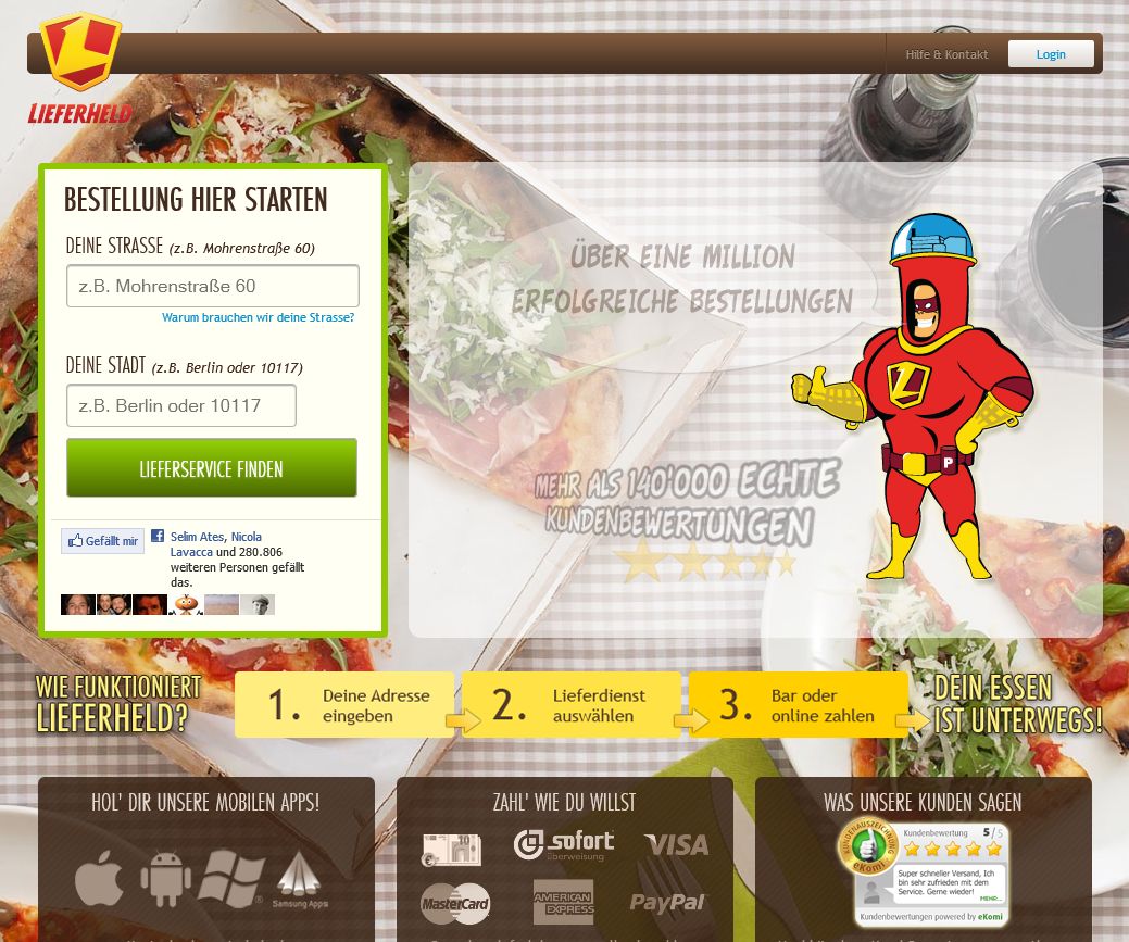 Die Webseite von Lieferheld bietet Speisekarten von vielen Restaurants und die Möglichkeit direkt zu bestellen