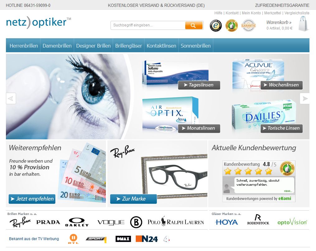 Der netzoptiker Online-Shop bietet von Brillen über Kontaktlinsen alles an