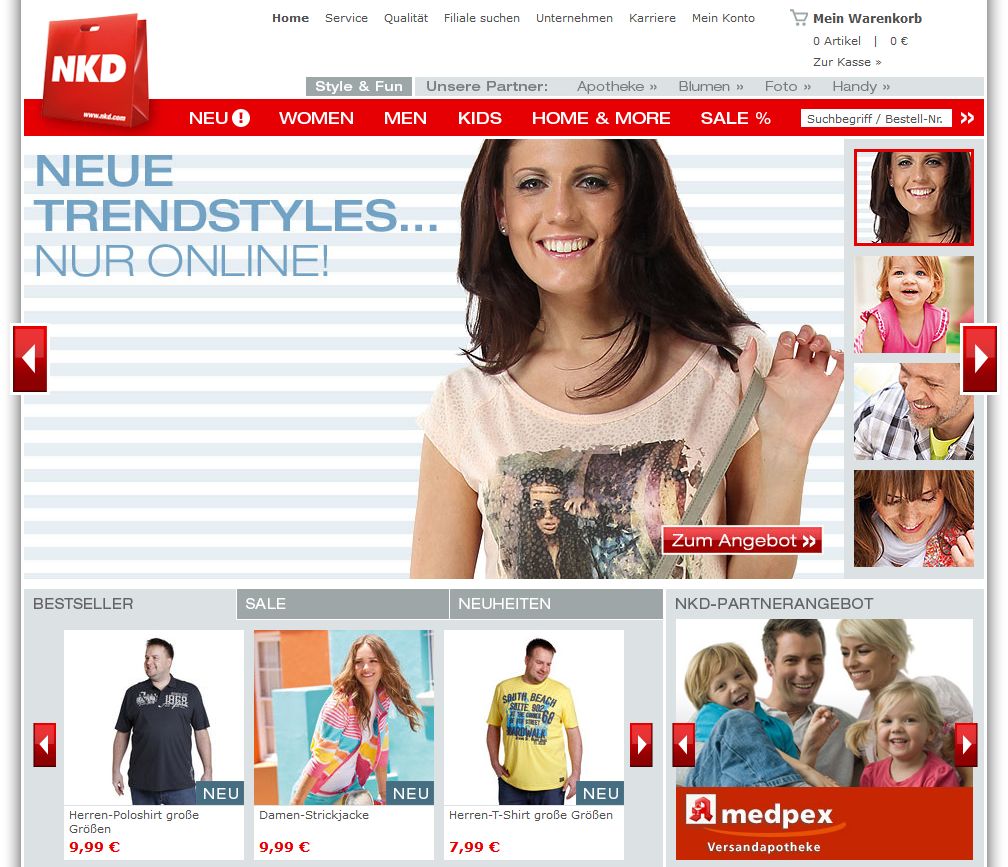 Die Webseite von NKD bietet neben Mode auch Blumen, Fotos und Handys in den Partner-Shops