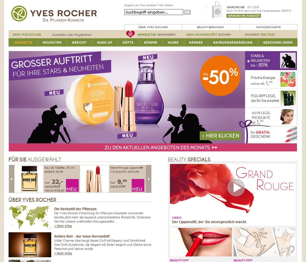 Die Webseite von Yves Rocher bietet Kosmetik auf pflanzlicher Basis an
