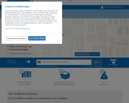 So sieht die Webseite von momox aus