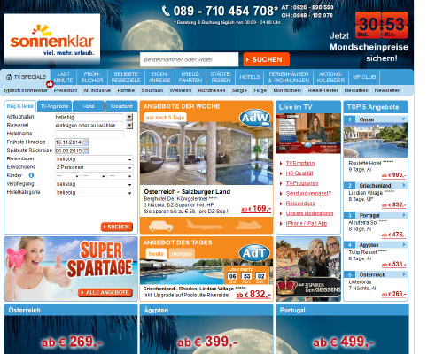 So sieht die Webseite von Sonnenklar.tv aus