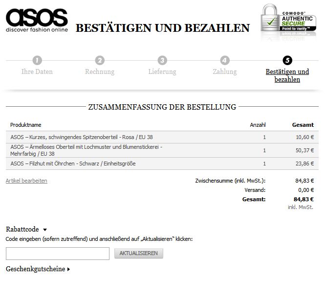 Hier kann bei der Bestellung der ASOS Gutscheincode eingegeben werden