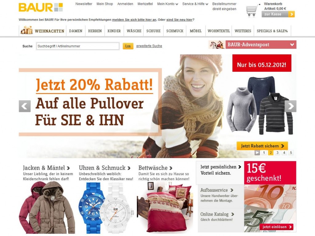 Aktuelle Ansicht des großen Baur Shopping-Portals im Internet