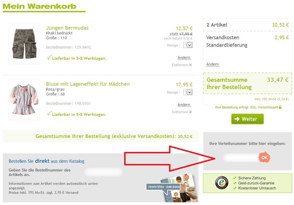 Einlösen der Vertbaudet Vorteilsnummer an der richtigen Stelle im Warenkorb