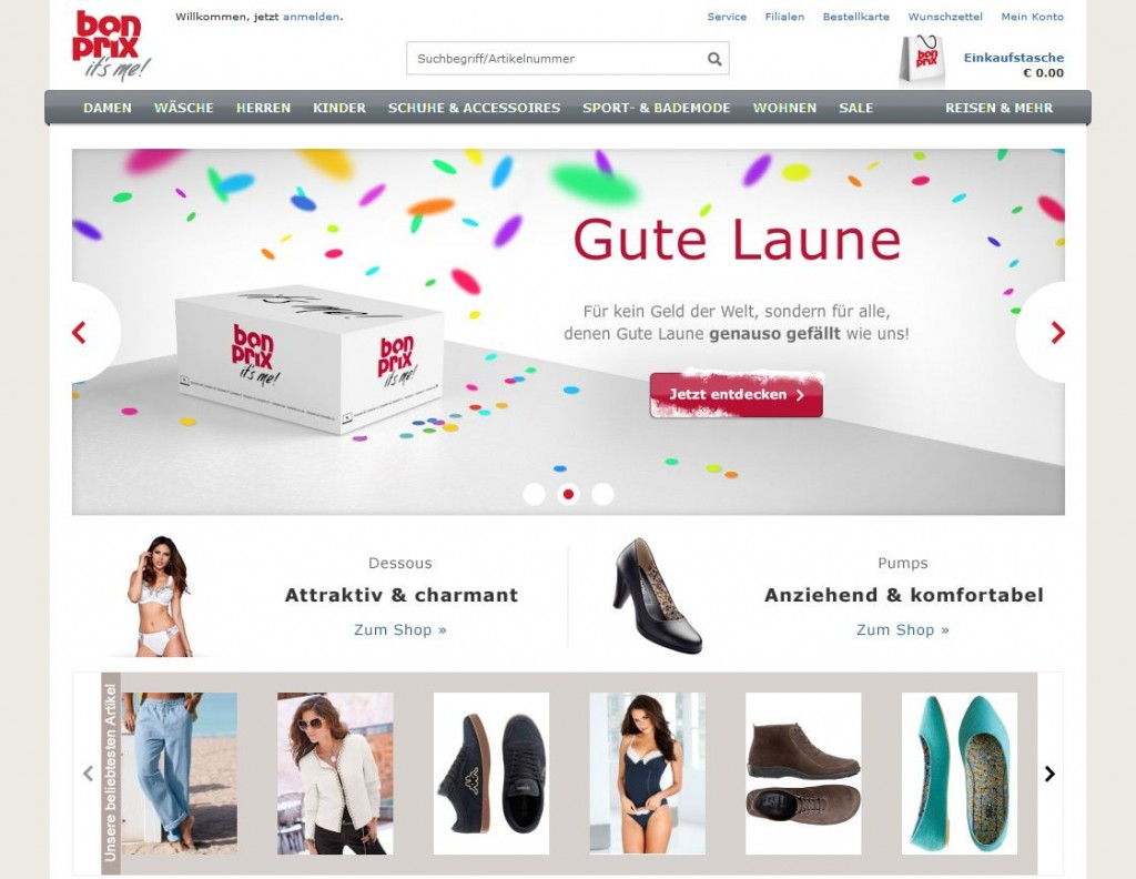 Aktuelle Homepage von Bonprix mit Gute Laune Aktion für alle