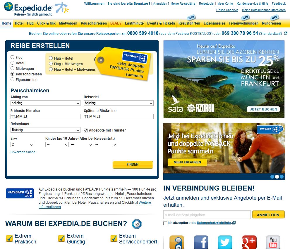 Das Reiseportal von Expedia bietet die Möglichkeit viele Reiseanbieter miteinander zu vergleichen