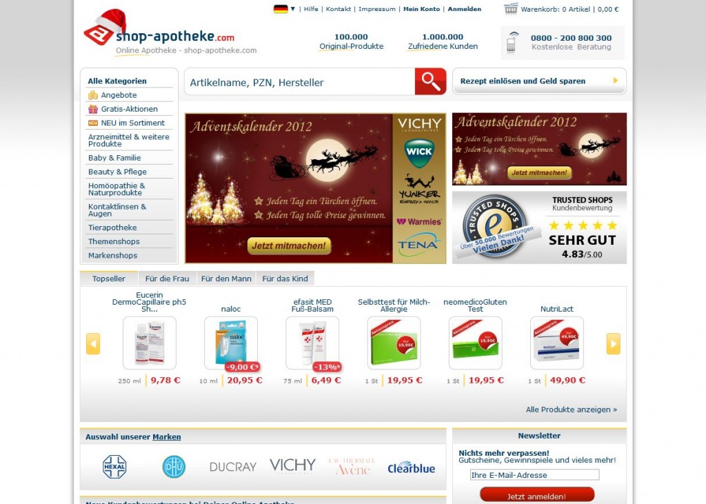 Die aktuelle Webseite der Shop-Apotheke im Winter