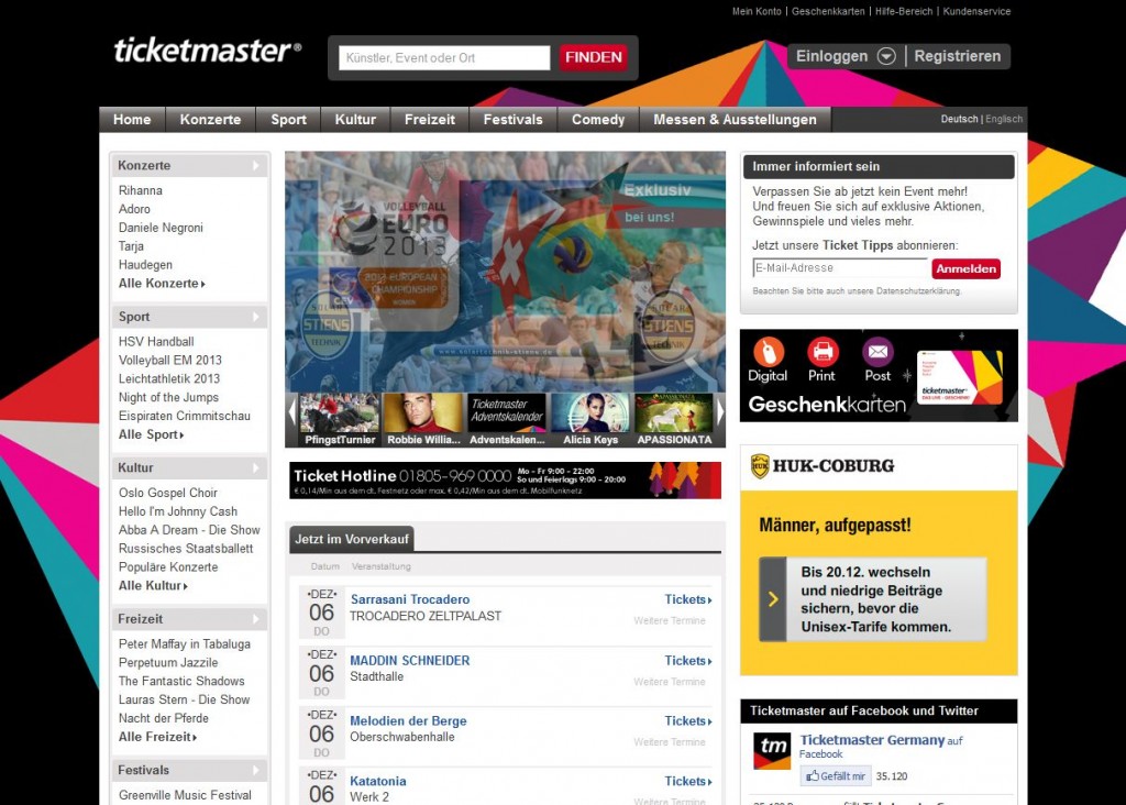 Aktueller Ausschnitt der Ticketmaster Internetseite