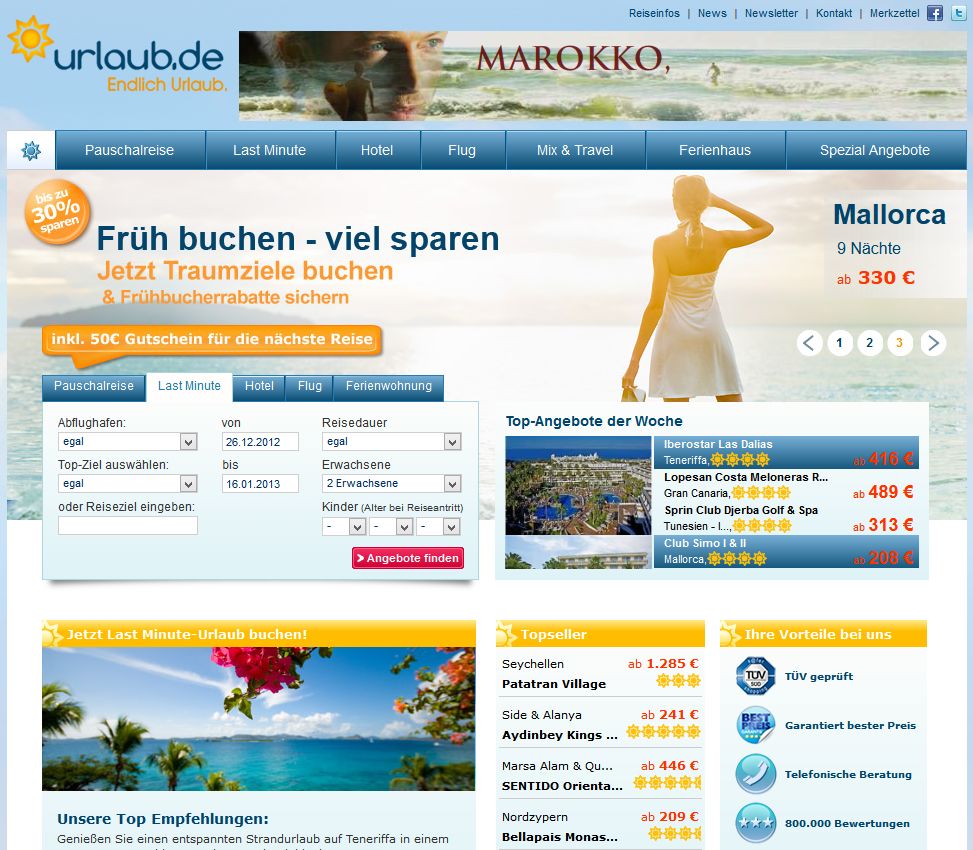 Das Reiseportal Urlaub.de von Thomas Cook bietet Städtereisen, Last-Minute, Pauschalreisen oder auch nur Flüge an