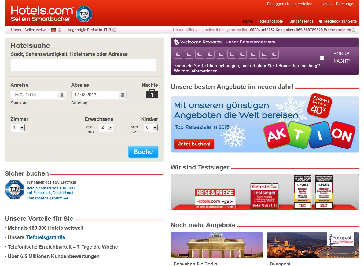 Die Webseite von Hotels.com bietet die Möglichkeit aus vielen Hotels das passende zu finden und zu buchen