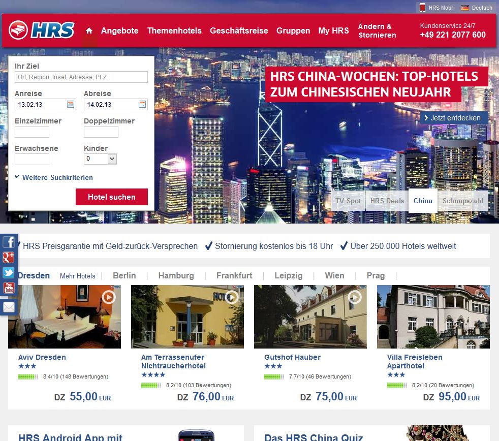 Das HRS Reiseportal bietet viele Hotels für private und geschäftliche Reisen