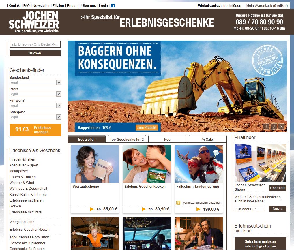 Die Jochen Schweizer Webseite bietet viele Erlebnisse zum selber erleben oder auch zum verschenken