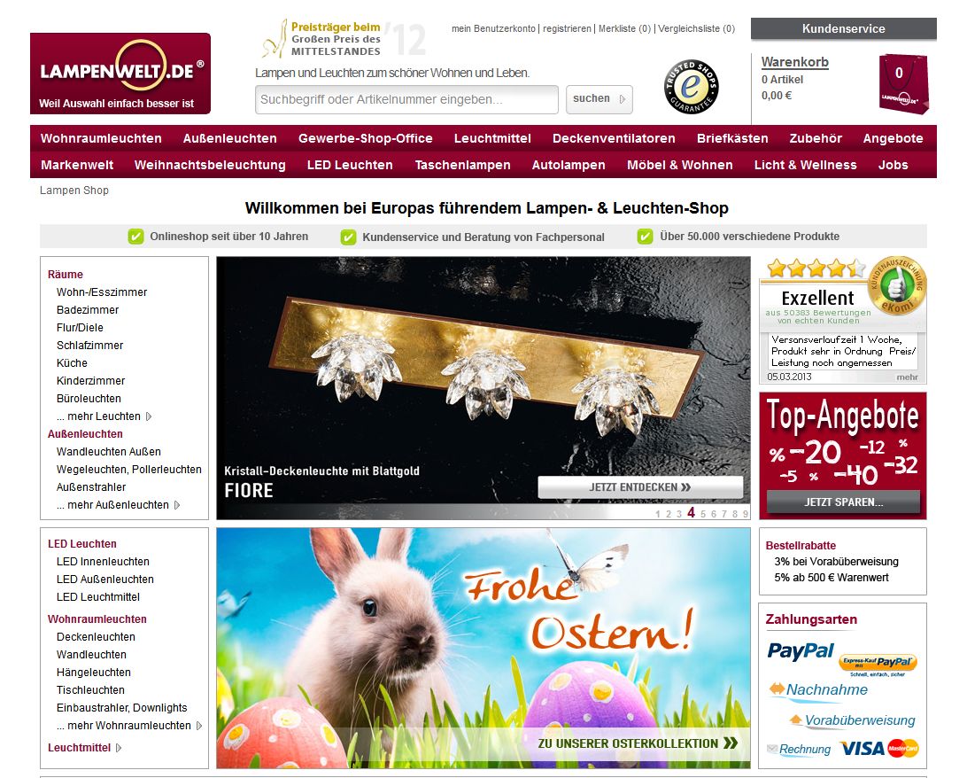Der Lampenwelt Shop bietet alle Arten von Beleuchtungen und Lampen an
