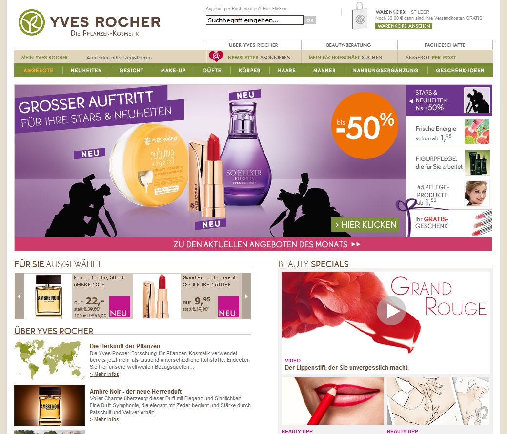 Die Webseite von Yves Rocher bietet Kosmetik auf pflanzlicher Basis an
