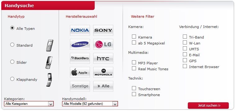 Marken-Übersicht bei der Handy-Suche von Sparhandy
